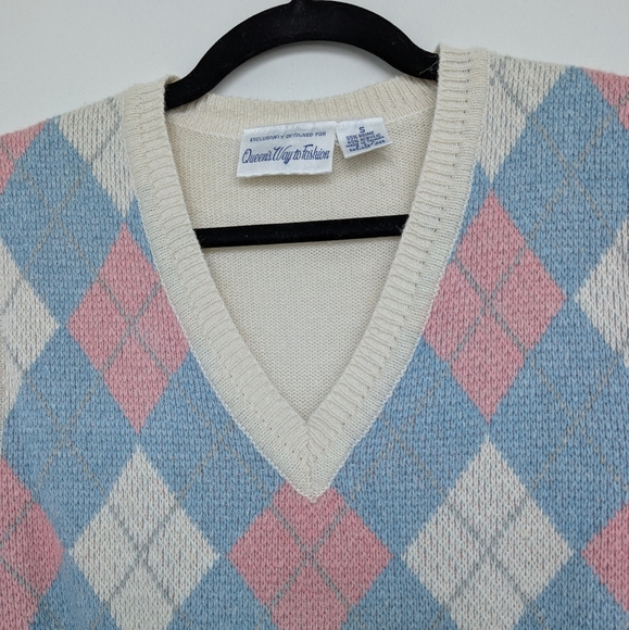 Vintage Argyle Sweater Vest Ramie Acrylic Blend Blue and Pink Sz S - Picture 5 of 13
